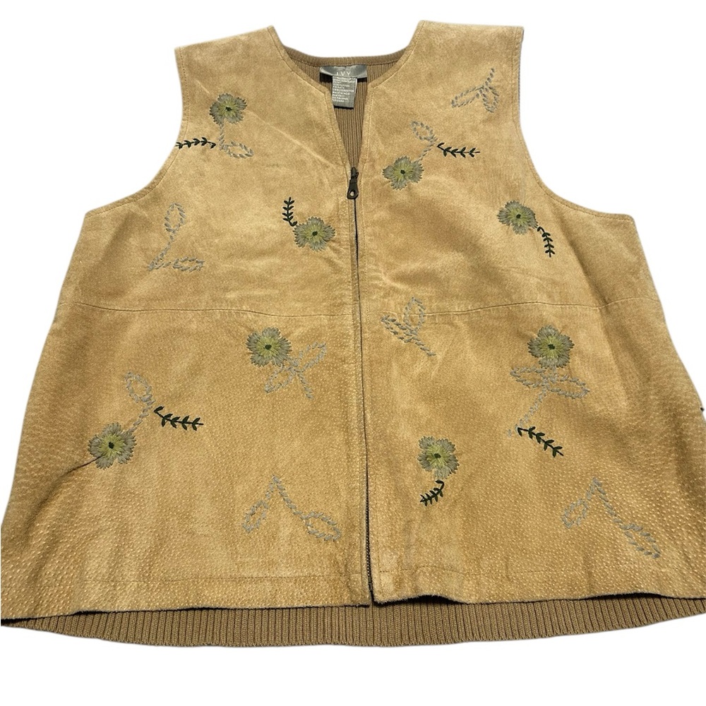 Ivy Brand Flower Embroidered Suede Front Knit Back Vest Size XL